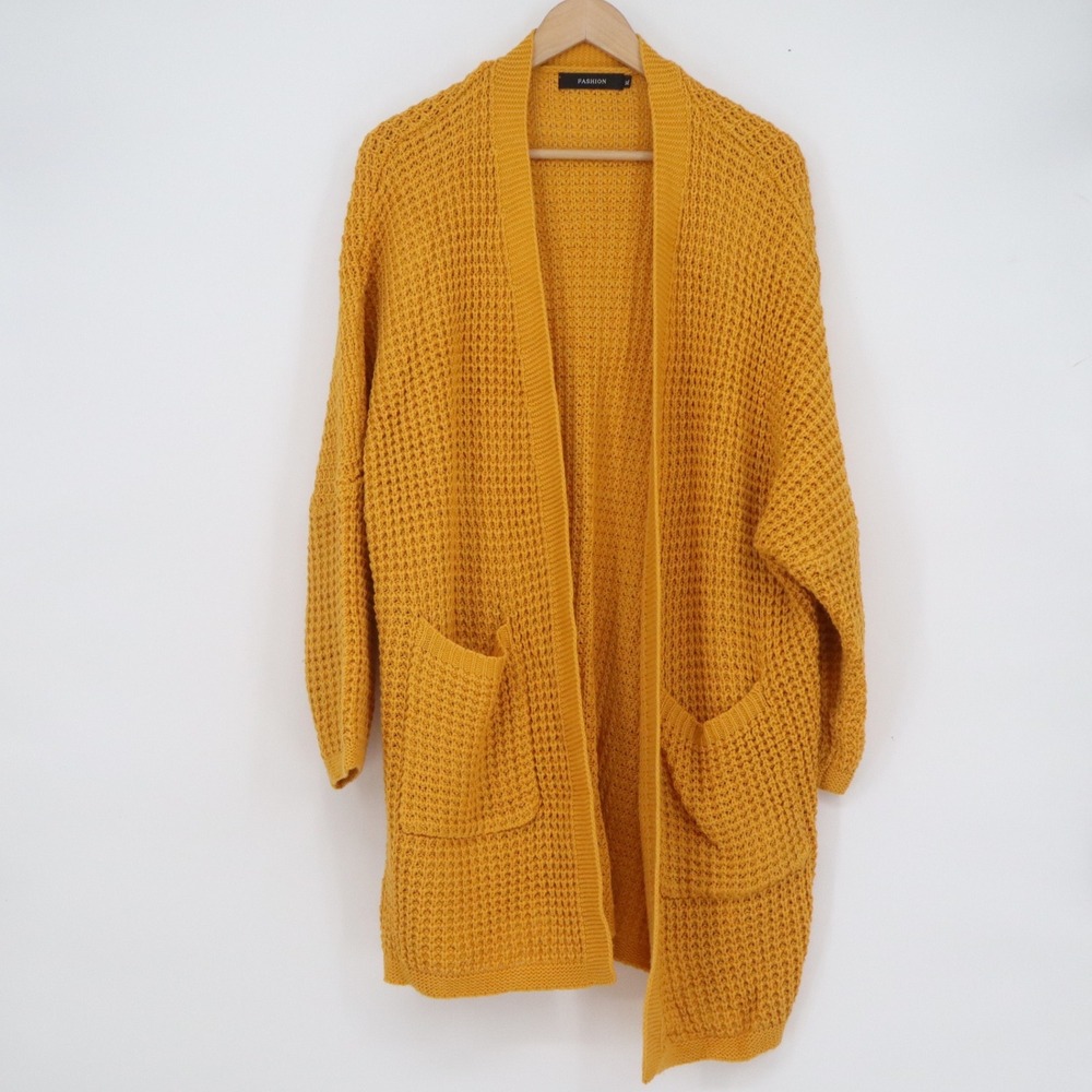 Fashion Womens XL Mustard Yellow Waffle Knit Open Front Cardigan Sweater Pockets